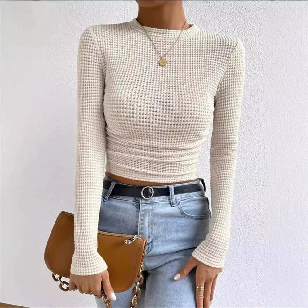 Zara Spring Summer Slim Fit Long Sleeve Plaid Round Neck Smocked Top